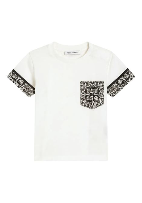 White T-Shirt with Black Maiolica Print on Sleeves and Chest Pocket DOLCE & GABBANA KIDS | L1JTIT-G7O9GHY5DQ